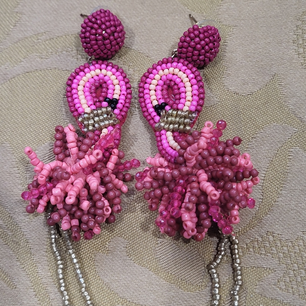 Pink Flamingo Tropical Seed Bead Earrings With Dangly Legs *3/$30 Sale* - Picture 2 of 3